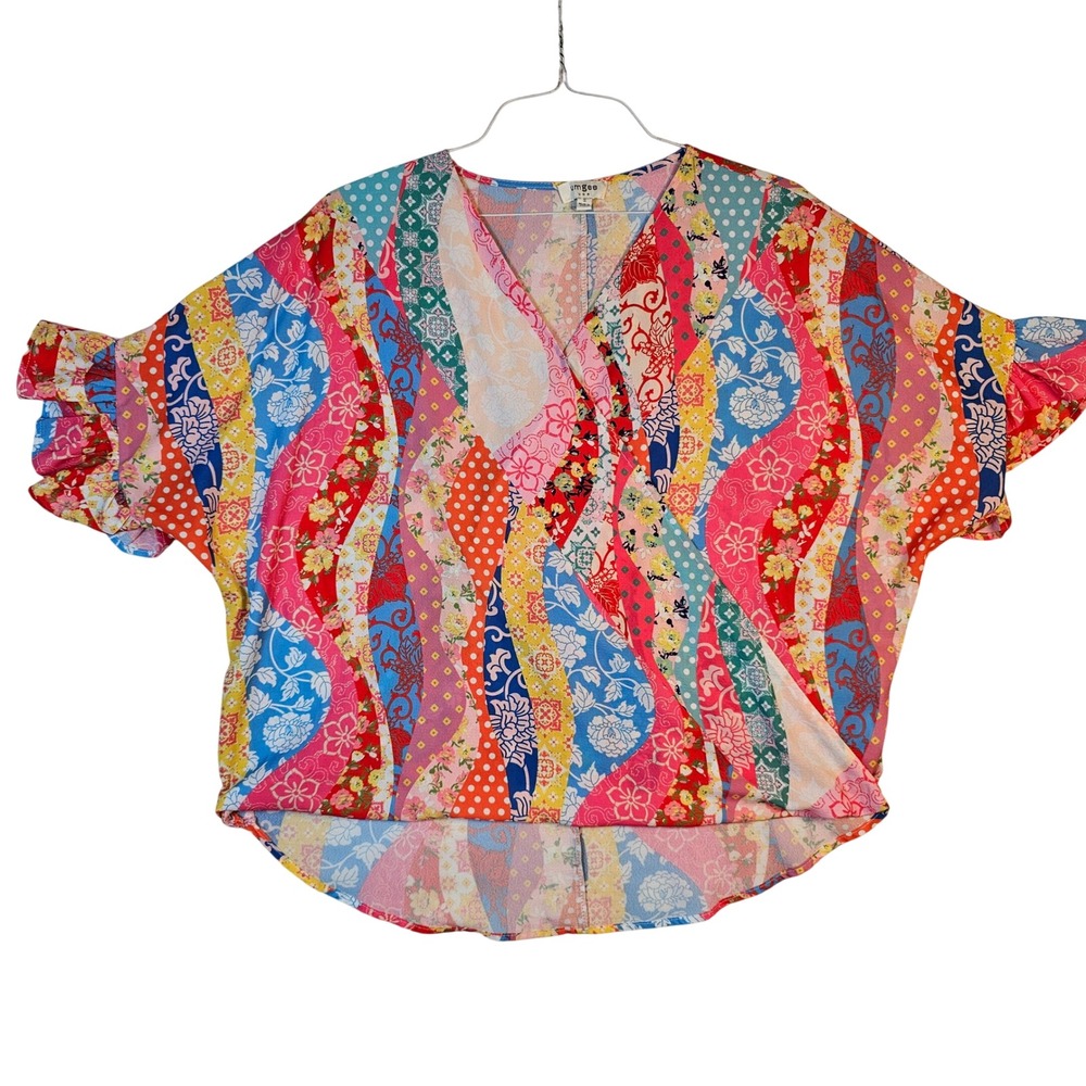Umgee USA Patchwork Floral Polka Dot Ruffle Sleeve V-Neck Blouse Small